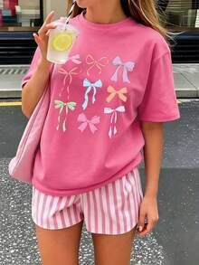Tween Girls' Bow Print Round Neck T-Shirt, Casual Soft Top For Spring/Summer - Hot Pink - View 2