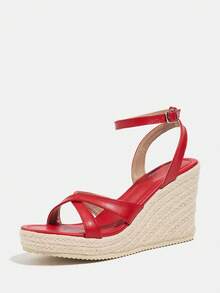 Women's Fashion Versatile Red Wedge Thick Bottom Sandals, Vacation Party Crossover Strap Decor Woven Bottom Bohemian Style Wedge Sandals - Red - View 15