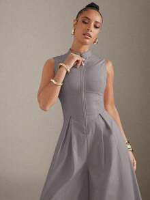 Extreme Wide Leg Zip Front Sleeveless Jumpsuit - Grey - View 5