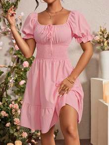 Vestido de mujer de manga corta con cuello cuadrado de unicolor, de moda para el verano - Rosa - Ver 5