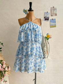 Nuevo vestido elegante y romántico para invitados de boda, de unicolor, con espalda descubierta, multicapa con volantes de gasa, minivestido, adecuado para estilo bohemio, boho, flores románticas, vacaciones, fiestas florales, citas, San Valentín, - Multicolor 3 - Ver 8