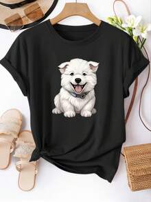 Women's T-Shirt With Puppy Print, Short Sleeve T-Shirt, Round Neck Top For Women, Casual T-Shirt, Suitable For Daily Wear In Spring/Summer, Women's Clothing. - 黑色 - 查看 6