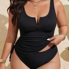 Swim Lushore Plus Size Women Solid Color Textured Fabric Racerback Casual Swimsuit - Negro - Ver 1