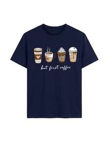 "But First Coffee" Slogan Graphic Tee, Coffee Cup Print T-Shirt, Casual Foodie Aesthetic Short Sleeve,  Minimalist Vibe Top - 藏蓝色 - 查看 2
