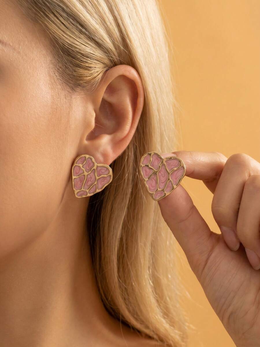 Retro Sweet Heart-Shaped Rose Gold Stitching Texture Earrings, Minimalist Luxurious Elegant Earrings For Women, Suitable For Summer Beach, Festivals, Weddings, Daily Wear, Music Festivals, Vacations. Ideal Gift For Valentine's Day, Birthday, Mother's Day - Multicolor - View 1