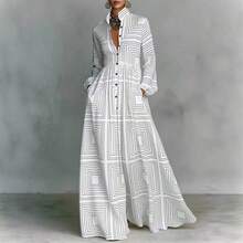 Elegant Retro Slimming Long Sleeve Printed Dress Women French Style Vacation Bodycon Midi Dress With Waist Cincher Design European And American Fashion Casual Party Wear Women's Vacation Wear E4IW - màu nâu - Xem 2