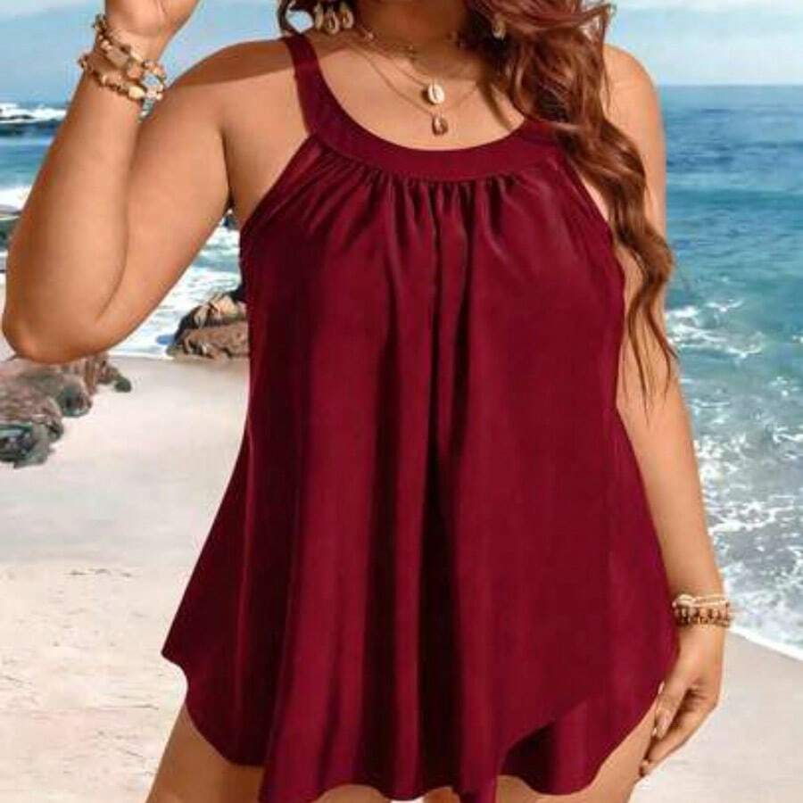 Swim Lushore Plus Size Women 2pcs Solid Color Mesh Patchwork Tummy Slimming Casual Vacation Tankini Swimwear For Summer Beach Vacation - Rojo - Ver 1
