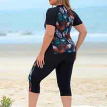 Swim Lushore Plus Size 2pcs Women Leaf Print Patchwork Top And Long Swim Shorts, Black Splicing Round Neck Sleeveless Bikini Set, Beach Vacation For Summer - Multicolor - Ver 3