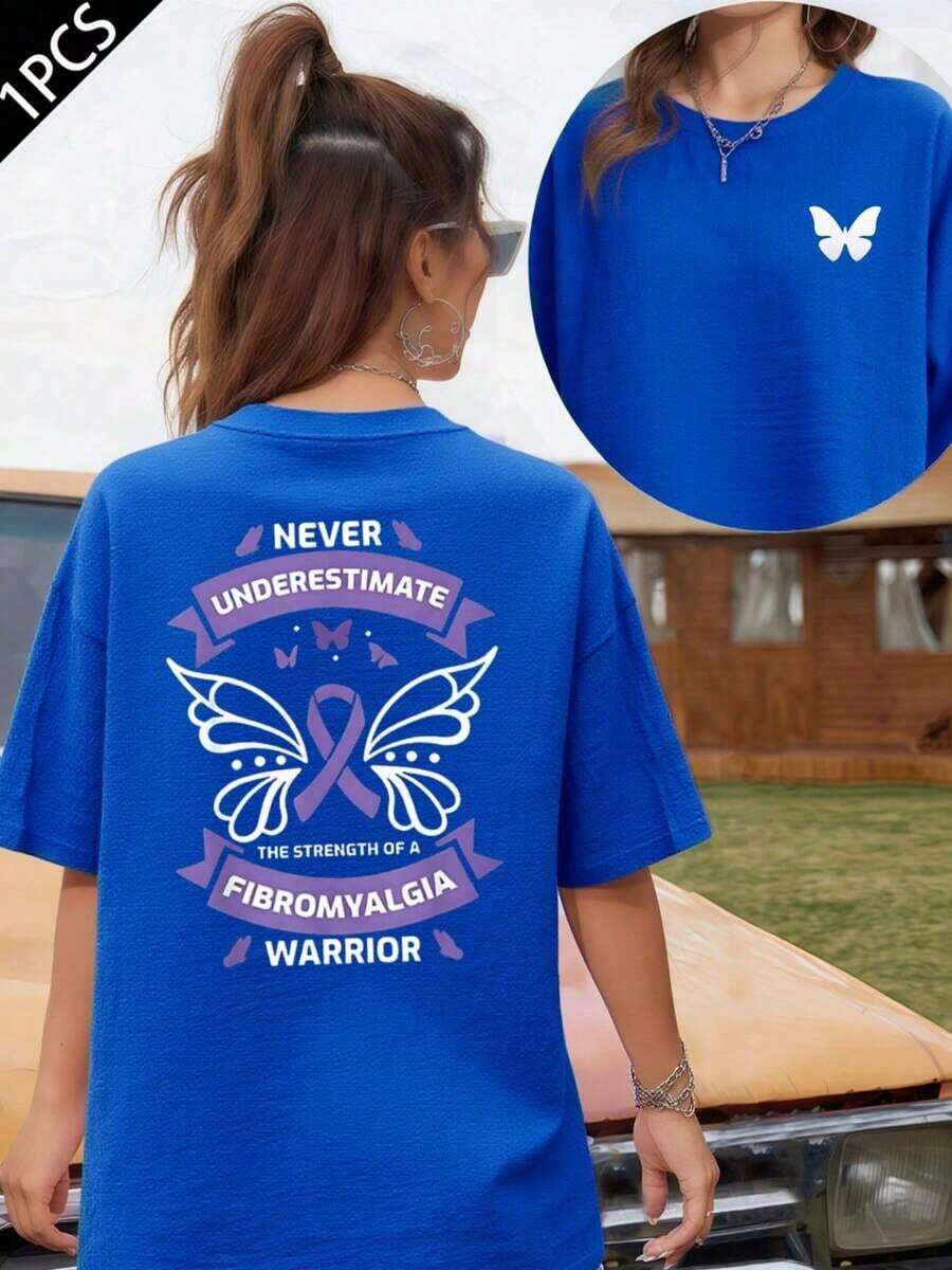 Fibromyalgia Awareness Support T-Shirt, 220 G/M² Cotton T-Shirt With Double-Sided Print, Round Neck, Casual Style For Women (1 Piece) - 藍色 - 查看 1