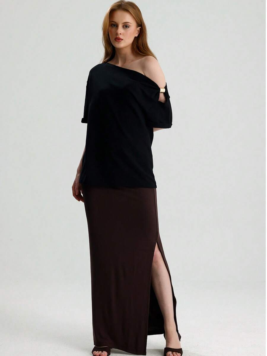 RoseArya Cotton Boat Neck Buckle Detail T-Shirt - Black - View 1