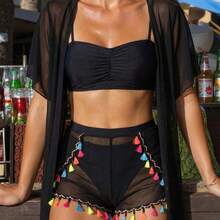 Swim Vcay 4pcs/Set Tassel Cover Up, Swim Trunks, And Basic Bikini Swimsuit Set For Beach Vacation For Summer - Beis - Ver 3