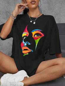 Camiseta para Mujer con Estampado de Rostro, Cuello Redondo, Manga Corta, Diseño Streetwear Casual, Ideal para Verano - Negro - Ver 9
