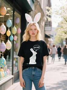 Camisetas de Pascua para Mujer con Estampado Floral de Conejo, Bonitas Camisetas con Huevos de Pascua, Camiseta Casual de Manga Corta para Primavera - Negro - Ver 4
