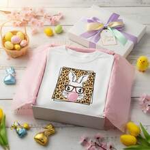Camiseta de Conejita de Pascua para Mujer - Divertida Camiseta con Estampado de Conejita con Gafas y Estampado de Leopardo, Top Moderno para las Vacaciones de Primavera - Blanco - Ver 5
