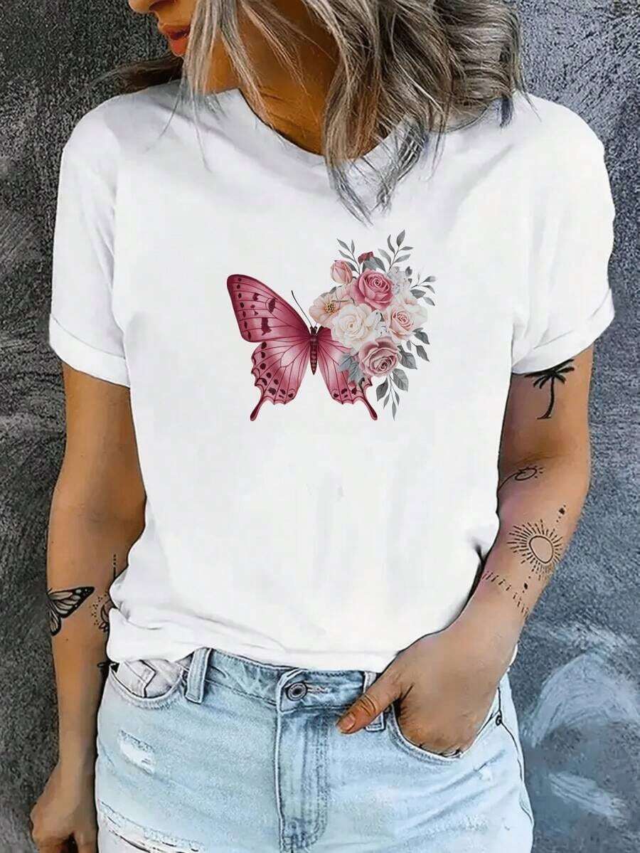 Women's Short Sleeve T-Shirt With Butterfly And Flower Print, Comfortable Casual Blouse For Spring Summer, Elegant Top For Plus Size Women - 白色的 - 查看 1