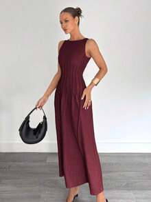 Nuevo vestido largo de verano con corte en la cintura y diseño fruncido, estilizador - Burdeos - Ver 4