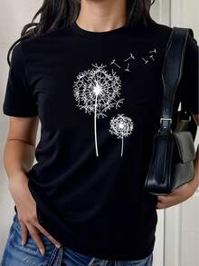 3 camisetas de mujer, estampado de diente de león, minimalistas y elegantes, corte holgado y relajado. |   Diseño exquisito |   Suelto y cómodo |   Fácil de combinar | - Negro - Ver 4