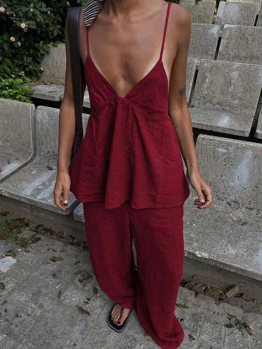 Conjunto de 2 piezas para mujer : Top de camisola elegante y pantalones holgados con cordón, camisola de lino con escote en V profundo y diseño sin espalda, y pantalones de cintura relajada, conjunto sexy, lindo y elegante para el verano - Burdeos - Ver 1