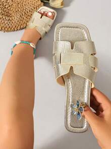 Ximi Ruo Wide Fit Rhinestone Embellished Comfortable Slide Sandals, Korean Casual Flat Slippers For Women, Open Toe Summer Outdoor Beach Sandals, Braided Roman Style Suitable For Dresses, Beach, Casual Wear - Gold - View 5