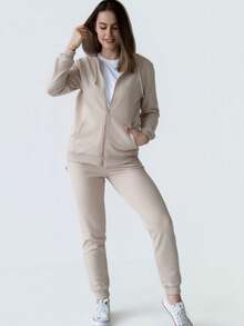 Women's Jogger Sweatpants With Ribbed Leg Cuffs, A Ribbed Waistband With Drawstring, Made From French Terry Fabric - Beige - View 3