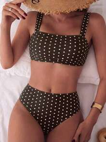 Conjunto de bikini de 2 piezas con parte superior de tirantes con estampado de color aleatorio y shorts de cintura alta para mujer, para vacaciones en la playa - Multicolor 7 - Ver 1