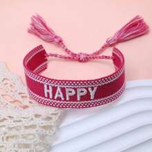 1pc Handmade Embroidered "HAPPY" Letter Woven Bracelet, Suitable For Friends, Family, Festivals, Parties, Travel, Casual Bohemian Style, Beach Vacation, Friendship Bracelet - Hot Pink - View 7