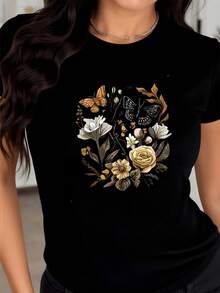 Golden Butterflies Fluttering Among Flowers Symbolizing Freedom, Renewal, And Natural Beauty In Balance With Elegant Femininity. A Modern And Comfortable Casual Women's T-Shirt For Everyday Wear. - 黑色 - 查看 8