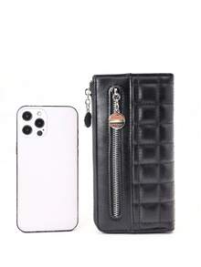 Plaid Solid Color Embroidered Long Wallet, 1pc PU Handheld Multi-Function Card Holder Pouch Delicate Zipper Coin Purse, Compact & Fashionable, Suitable For All Occasions, Holiday Gift - Black - View 6