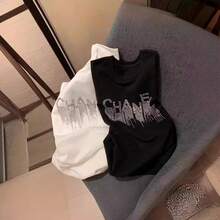Camiseta de manga corta de algodón puro estilo retro americano con pedrería, para mujer, ropa de verano, top holgado para un look de "sin pantalones". - Blanco - Ver 3