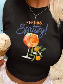 Camiseta de manga corta para mujer con estampado de eslogan, cuello redondo, estilo casual y versátil, para el tiempo libre. - Negro - Ver 6