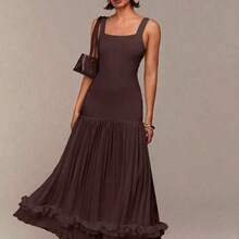 Sleeveless Square Neck Design, Knit Elastic Fabric Patchwork, Pleated Design, Ruffle Trim Detail, Extra Long Women's Dress, Suitable For Parties, Gatherings, Weddings, Spring Festival, Valentine's Day, Dates, Apricot Color, Summer Dress, Wedding Guest Dress, Romantic Dress - Albaricoque - Ver 9