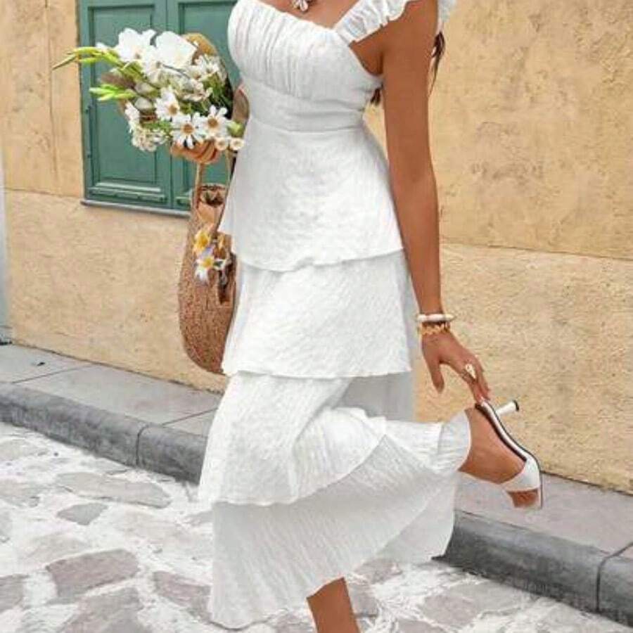 Women's Solid Color Minimalist Square Neck Long Dress, Casual Everyday Wear,Summer Dresses For Women - Blanco - Ver 1