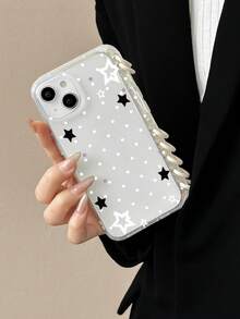 1pc Black & White Polka Dot + Star Print Flip Cover Phone Case, Notebook Style Protective Phone Case, Cute Phone Case With Lanyard Design, Compatible With IPhone & Galaxy, Daily Essential Phone Accessory, Suitable As Gift Or Daily Use, Cute Aesthetic For Daily/Party, Fast Shipping - Multicolor - View 4