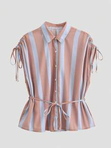 ZAHM Áo sơ mi công sở dáng thanh lịch, nhẹ nhàng, thiết kế dây rút vai phối sọc tương phản, áo blouse tay dài rộng rãi đa năng dành cho nữ. - Hồng - Xem 9
