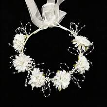 1 pieza Diadema/tocado para mujer, nueva llegada Diadema nupcial con flores blancas de imitación y perlas, estilo de princesa etérea para sesión de fotos y actuaciones - Blanco - Ver 8