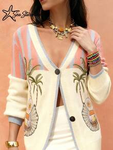 Women's Autumn/Winter Casual Beach Knit Cardigan With Embroidered Starfish, Palm Tree, Sun And Star Patterns, Ideal For Beach Vacation - Multicolor - View 3