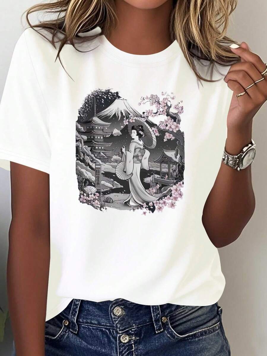 Camiseta de Mujer con Estampado Japonés de Cerezos y Geishas - 100% Suave Cuello Redondo Casual, Diseño Pagoda Japonesa, uste Confortable para Todo el Tiempo en Atuendos Informales o Eventos Temáticos Japoneses, Lavable a Mancha Negra Top Rel Fit Feminina Tejido Transpirable Patrón Geométrico I Para todas las estaciones, Blusas y Tops para Mujer,Blusas para Mujer,Camisetas para Mujer,Tops para Mujer,Blusas y Tops para Mujer,Camisas para Mujer,Navidad,