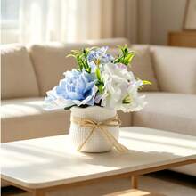 1 Pot Large Artificial Blue & White Mixed Flower Potted Plant, White Pot With Rattan Decor, Fresh Ins Style Fake Flowers & Greenery, Desktop Decor, Home Living Room Bedroom Windowsill Floral Arrangement - Blue and White - View 3