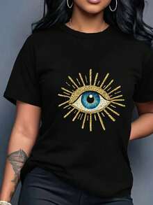 Camiseta Casual de Manga Corta para Mujer con Estampado de Ojo Malvado - Detalles en Dorado y Verde Esmeralda, Cómoda para Todas las Estaciones, Lavable a Máquina, Material No Transparente, Corte Relajado - Oscuro - Ver 1