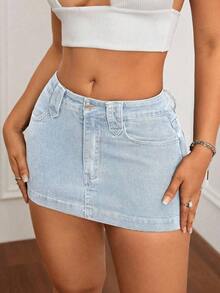 Minifalda de mezclilla ajustada y de tiro bajo lavada, con estilo callejero sexy para el verano - Lavado ligero - Ver 8