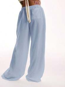 Pantalones de lino con textura, con cintura de corbata, para vacaciones de verano, elegantes, bohemios, casuales, para el aeropuerto, de primavera - Azul - Ver 2
