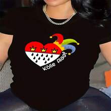 Women's Black Cotton T-shirt with 'Kölle Alaaf' Heart Graphic, Funny Regular Fit Short Sleeve Round Neck Casual Top - Negro - Ver 1