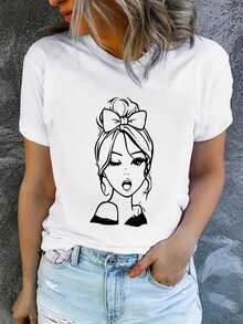 1 Women's Summer Short Sleeve T-Shirt With Print, Modern And Casual, Machine Washable, Comfortable Fit, 2D Flat Print, 180g, 100% Cotton. - 白色_08 - 查看 12