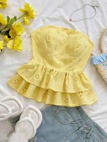 Blusa amarilla casual de verano estilo peplum sin espalda con lazo para mujer, look casual para vacaciones, almuerzo o de regreso a clases - Amarillo claro - Ver 6