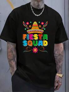 Fiesta Crew Cinco De Mayo Family Matching Mexican Hat T-Shirt, Graphic Tee For Women And Men, Fashionable Casual Short Sleeve T-Shirt, Same Style For Men And Women, Summer 2026 Short Sleeve Printed T-Shirt, 180G - 黑色 - 查看 1
