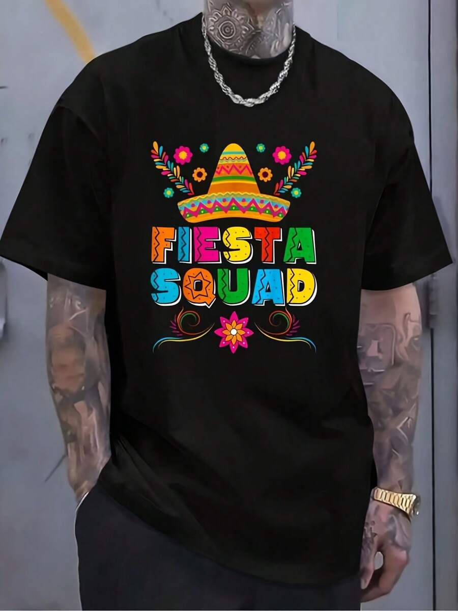 Fiesta Crew Cinco De Mayo Family Matching Mexican Hat T-Shirt, Graphic Tee For Women And Men, Fashionable Casual Short Sleeve T-Shirt, Same Style For Men And Women, Summer 2026 Short Sleeve Printed T-Shirt, 180G - 黑色 - 查看 1