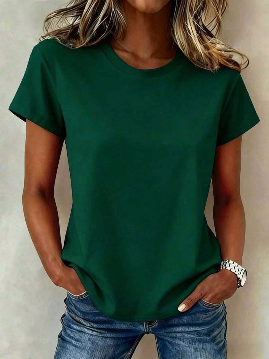 Women's Solid Color T-Shirt, Round Neck And Short Sleeves, For Everyday Use And Minimalist Style - Dark Green - View 1