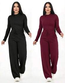 Kit 2 Women's Winter Fashion Set Wide-Leg Pants And Long-Sleeved Shirt - Bộ 2 món - Màu đen và đỏ tía - Xem 1