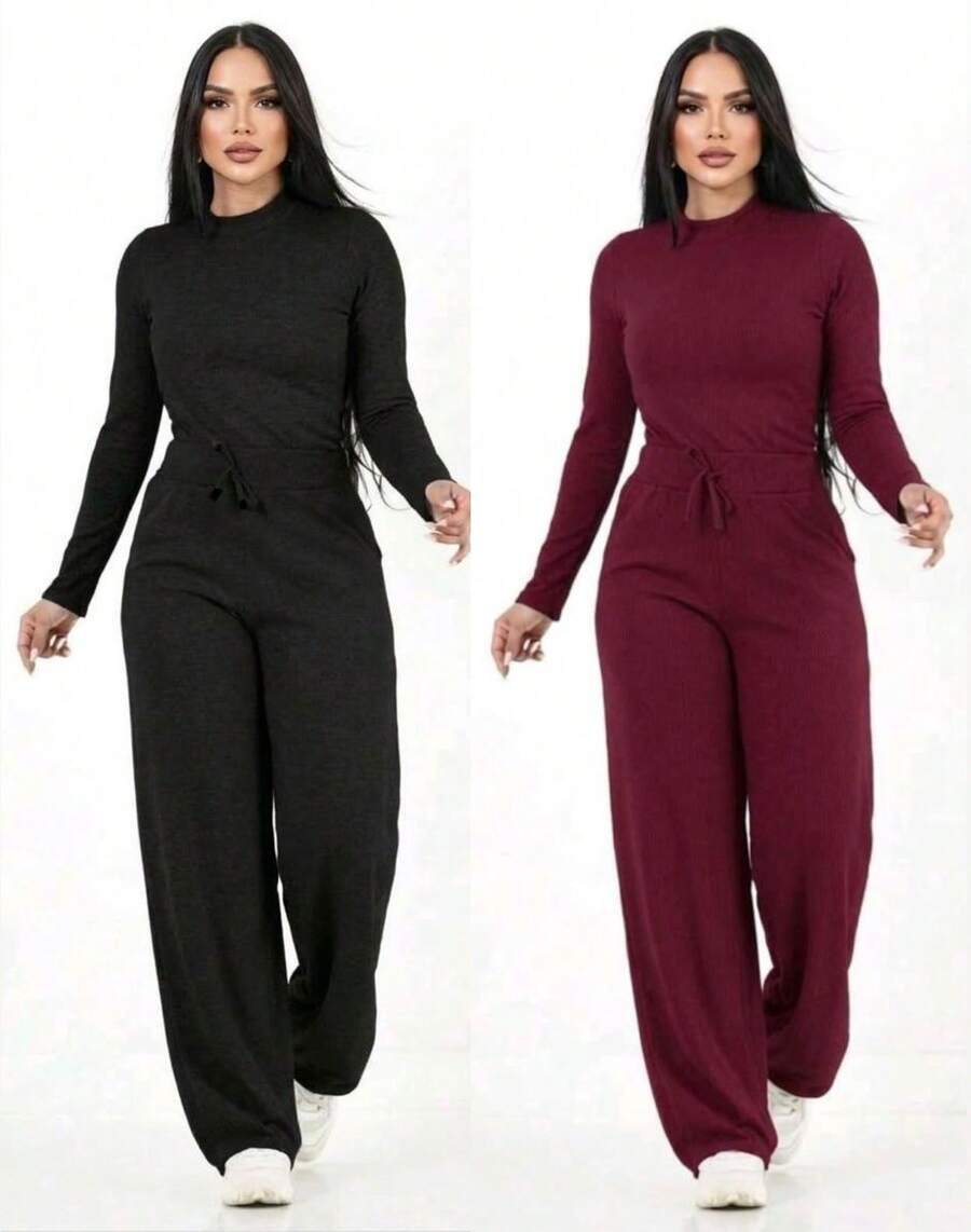 Kit 2 Women's Winter Fashion Set Wide-Leg Pants And Long-Sleeved Shirt - Bộ 2 món - Màu đen và đỏ tía - Xem 1