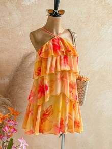 Nuevo vestido elegante y romántico para invitados de boda, de unicolor, con espalda descubierta, multicapa con volantes de gasa, minivestido, adecuado para estilo bohemio, boho, flores románticas, vacaciones, fiestas florales, citas, San Valentín, - Multicolor 5 - Ver 3